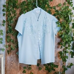 Light Blue Embroidered Button-Up Blouse